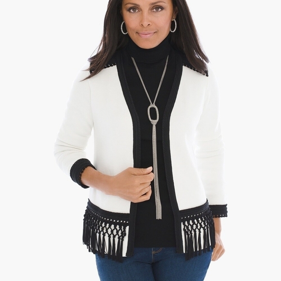Chicos sz 2 Alma Lace Blocked Cardigan sweater jacket black cream sz XL - Picture 1 of 8